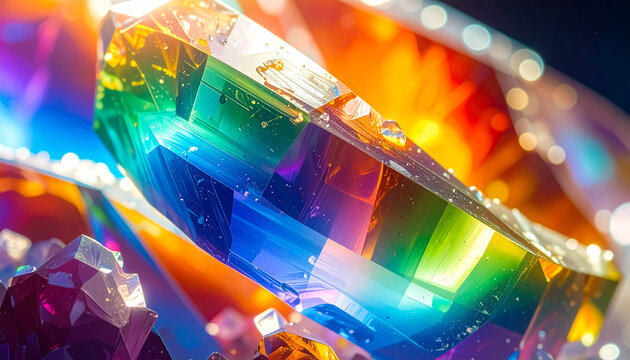Close-up of vibrant rainbow crystal cluster with bokeh