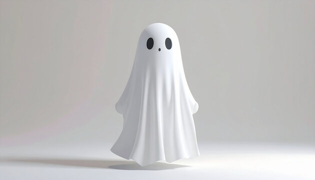 Cute cartoon ghost with big black eyes on white background