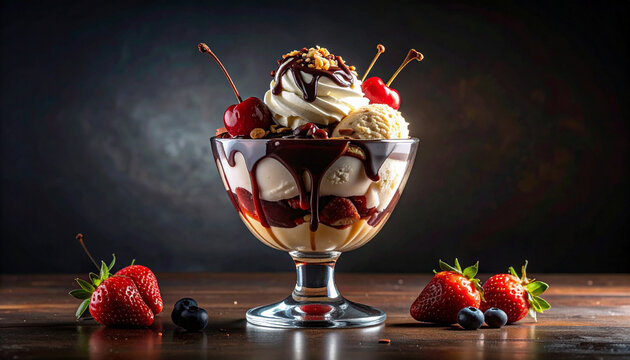 Delicious Ice Cream Sundae with Cherries and Chocolate Drizzle