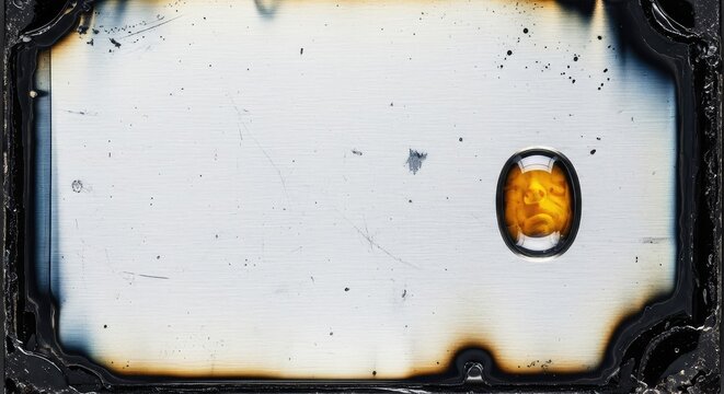 A heavily weathered tintype texture with metallic sheen, showing scratches, dust, and dark oxidized edges for a vintage photographic look, photograph, raw, edge