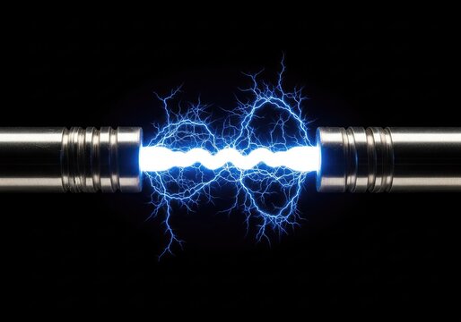 A powerful bright blue electric arc leaps between two silver metallic electrodes against a pitch-black background, showing raw energy, physics, conduction, glowing