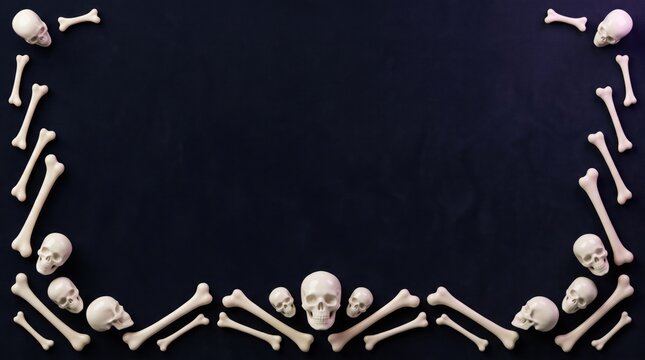 Spooky landscape halloween 3d skulls and bones frame on a dark black background