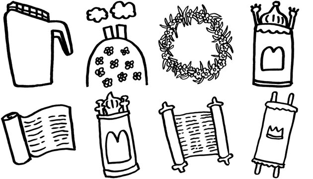 Set of hand drawn doodle icons featuring jugs and ancient scrolls in a simple black line art style on a clean design for creative projects