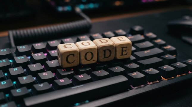 Stylish close-up of wooden code blocks spelling CODE on a mechanical keyboard with RGB lighting for tech marketing web banners and creative design projects.