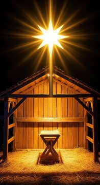 A radiant star shines over a humble wooden stable filled with straw and a small manger. Golden light illuminates the peaceful night scene, holiday, nativity, straw
