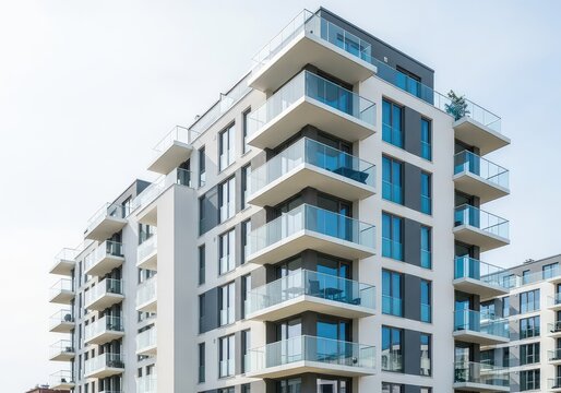 A sleek modern residential apartment building featuring transparent glass balconies, clean geometric lines, and minimalist urban design, gray, modern, sustainable