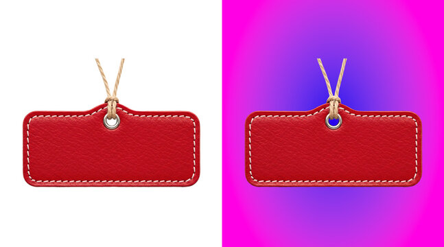 A rectangular red leather tag with white stitched edges and a string loop, isolated on a white background, featuring a textured surface