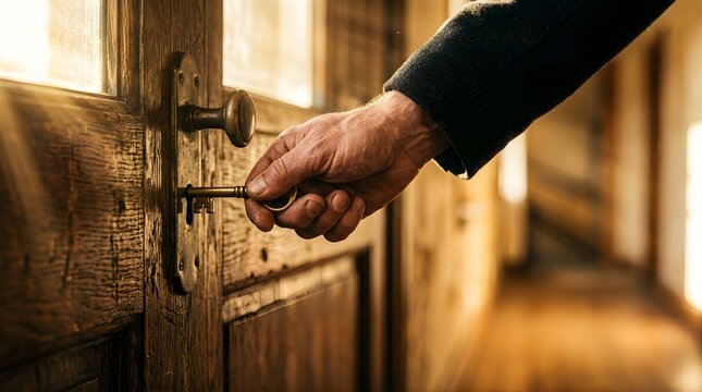 Hand using vintage brass key to unlock a rustic wooden door in sunlight