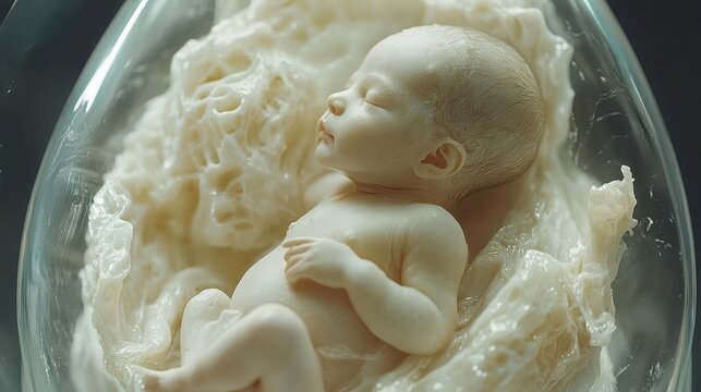 Human fetus rests peacefully inside an artificial amniotic sac or glass container, depicting prenatal development and medical science.