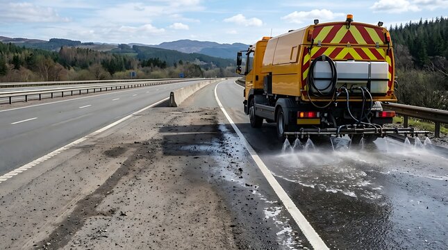 Yellow gritting truck spraying de-icing fluid on a wet highway during daytime