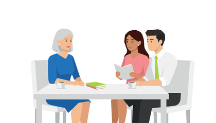 Obraz premium Elderly woman converses with a young couple at a table while sharing coffee in a bright indoor office setting.