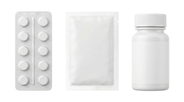 Collection of white pharmaceutical packaging including blister pack, sachet, and bottle