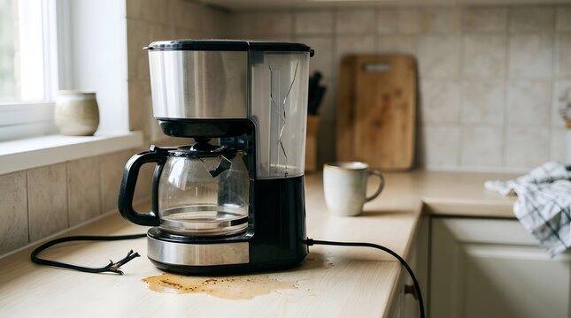 Broken Drip Coffee Maker With Cracked Tank and Cut Power Cord