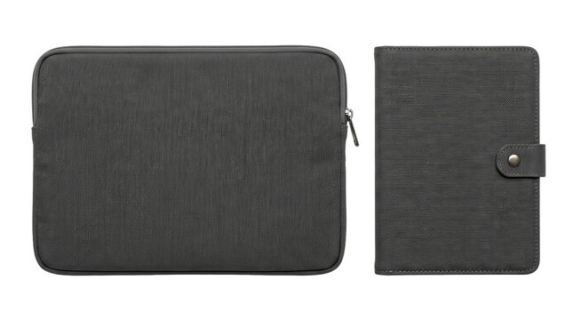 Two dark grey fabric cases for electronics, one zippered sleeve and one folio