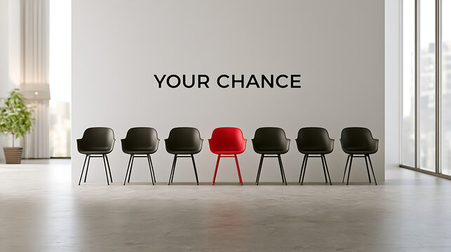 Row of black chairs with one bright red chair in the middle, representing opportunity, job interview, stand out, and unique concept art