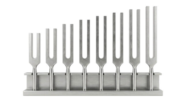 Set of tuning forks arranged by size on a metal stand