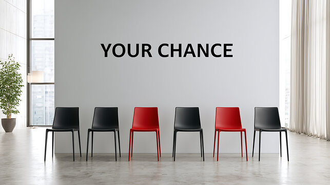 Modern office waiting room interior with a row of chairs in black and red colors against a white wall with opportunity text quote sign