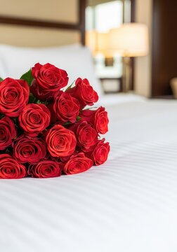 A wide angle view captures a compact bouquet of fresh red roses resting on the pristine white sheets of a grand bed in a luxury hotel room, morning, peaceful, arrangement