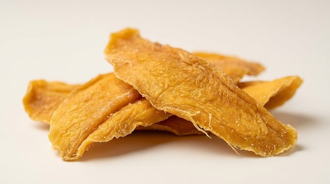 A small pile of sweet dried mango slices for a healthy snack on a simple light surface for food photography. dried mango flakes