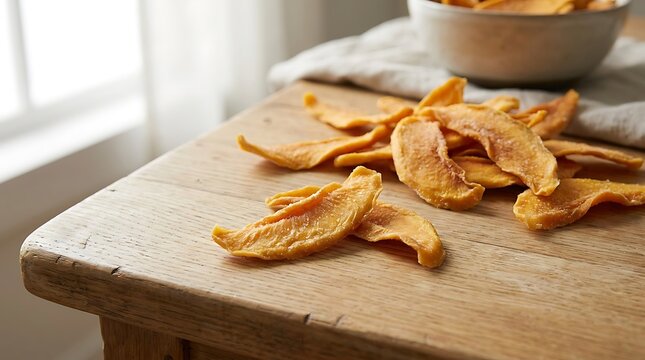 Fresh sliced ginger root pieces lying on a rustic wooden cutting board in a bright kitchen area. dried mango flakes