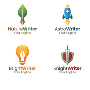 A vibrant collection of four diverse writer-themed logos, each showcasing creativity and inspiration, ideal for authors, content creators, and writing services.