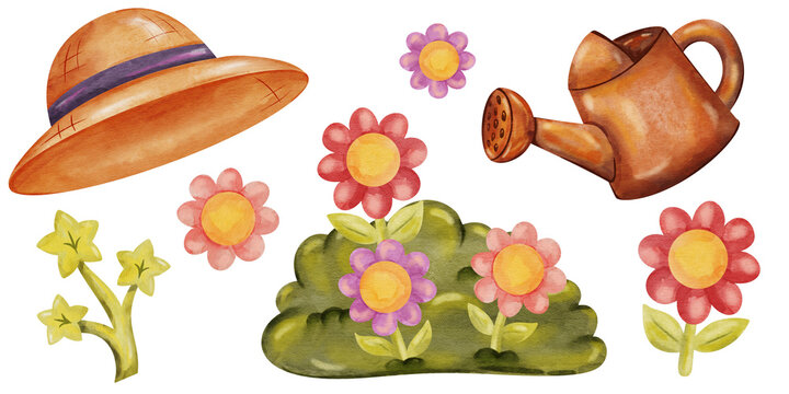 Watercolor Garden Tools Straw Hat Watering Can and Flowers Clipart