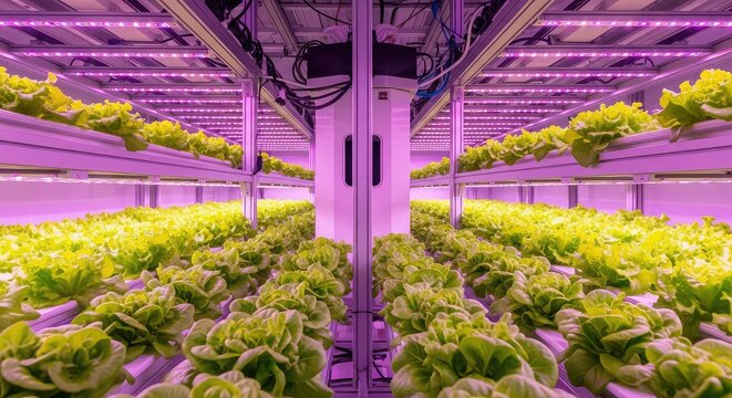 An automated indoor vertical farm featuring rows of vibrant green hydroponic lettuce under magenta LED grow lights for food sustainability, farm, food security, sustainability