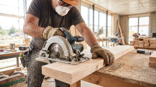 Carpenter cutting wood plank with circular saw in bright workshop for precise custom construction