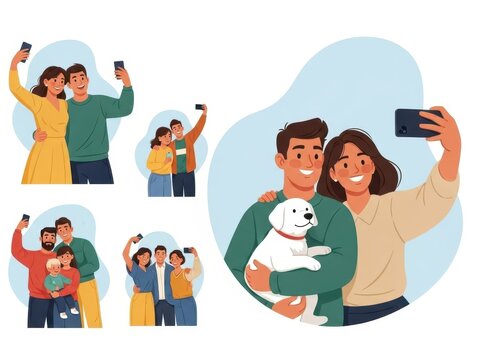 Illustration of happy people taking selfies with their dog in various poses