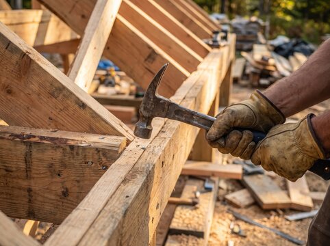 Skilled carpenter hammering wooden beams during structural framing construction project