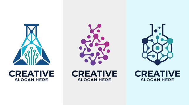 This image showcases a series of logos featuring laboratory equipment, emphasizing innovation, creativity, and the intersection of science and technology in various fields.