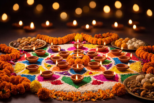 Glowing Diya Oil Lamps on Rangoli for Diwali Festival of Lights
