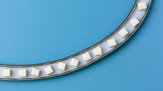 White sugar cubes move in an organized curve along a modern industrial conveyor belt system against a vibrant solid blue background plane