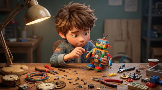 Curious young boy with messy brown hair uses a small metal screwdriver to assemble a colorful plastic robot toy on a cluttered wooden workshop table.
