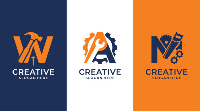 This image displays a trio of creative logos designed for various art and design businesses, featuring symbolic tools associated with creativity, craftsmanship, and engineering ideals.