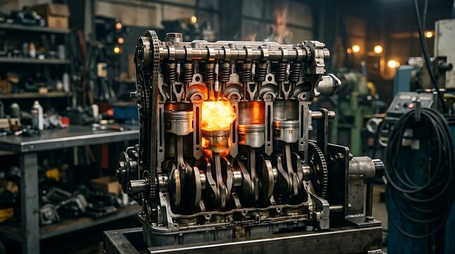 Cross section of an internal combustion engine with glowing pistons operating in a workshop