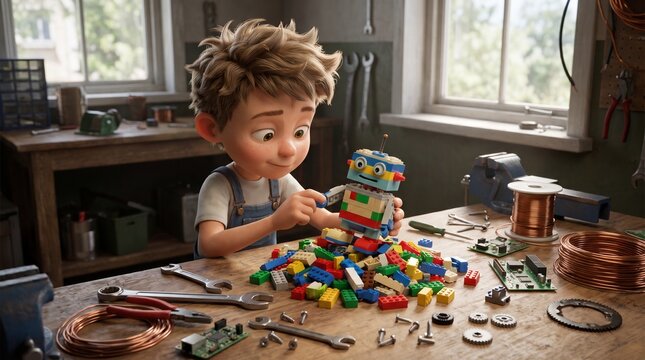 Curious young boy with messy brown hair skillfully builds a colorful plastic block robot using various small interlocking bricks on a rustic wooden desk workshop table.