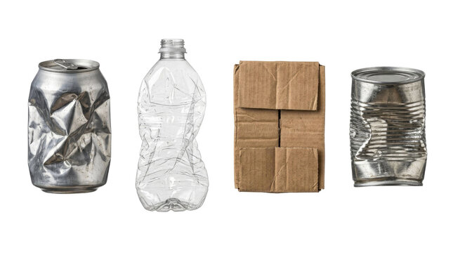 Collection of crushed aluminum cans, plastic bottle, and cardboard box for recycling