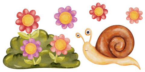 Cute Snail in Garden Flowers Watercolor Clipart © Tinulya
