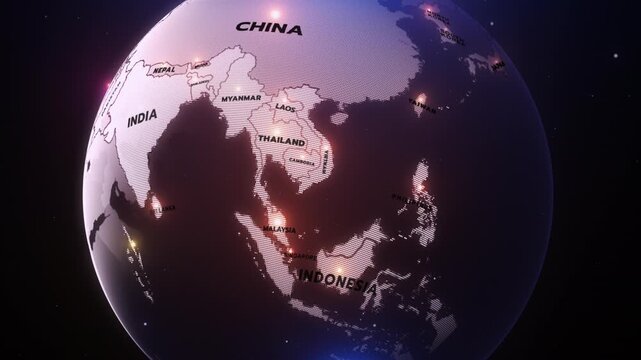 A futuristic digital globe map highlighting China at the center, including India, Mongolia, Nepal, Bhutan, Bangladesh, Myanmar, Laos, North Korea, South Korea, 