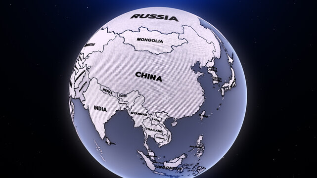 A futuristic digital globe map highlighting China at the center, including India, Mongolia, Nepal, Bhutan, Bangladesh, Myanmar, Laos, North Korea, South Korea, 