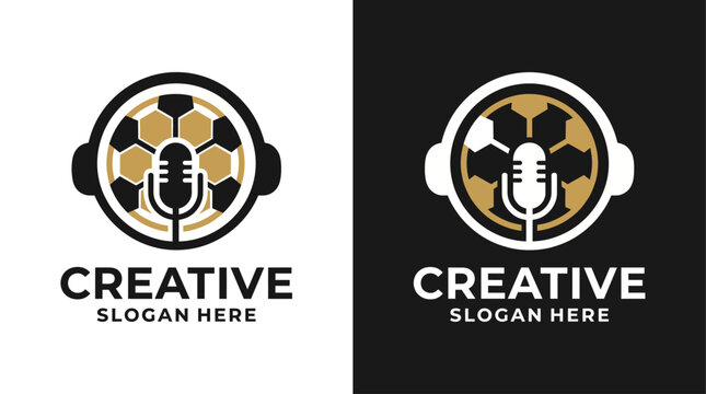 A modern logo design for a creative podcast that blends sports and audio elements, highlighting engagement through recognizable icons and vibrant visuals.
