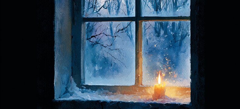 Hand-painted watercolor woodland visible through frosted window, candlelight reflecting on pane, cozy interior, ample dark copy space on right wall
