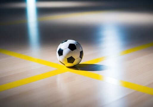Close-up of a small soccer ball on a polished indoor hardcourt floor with vibrant yellow lines and professional sports arena lighting, motion, court, athletic