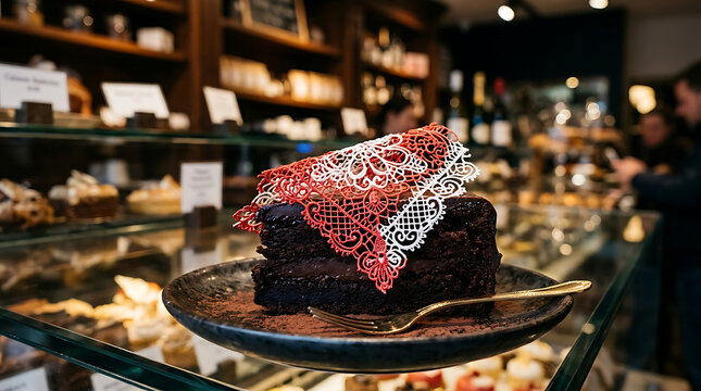Slice of decadent chocolate cake topped with an intricate red and white lace design in a patisserie display