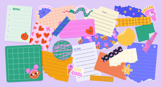 Set of various torn paper notes, stickers, patterns, to do lists, duct and washi tapes in funky style. Cute flat sticky elements or reminders for mood boards, scrapbooking, and collages. Vector.