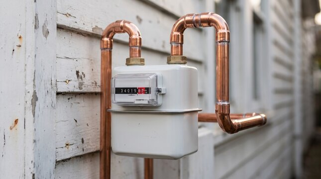 Natural gas meter installed on a residential house exterior wall with clean copper piping connections