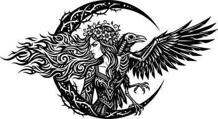 Obraz premium Dark Fantasy Goddess with Skeleton Raven and Thorny Crescent Moon