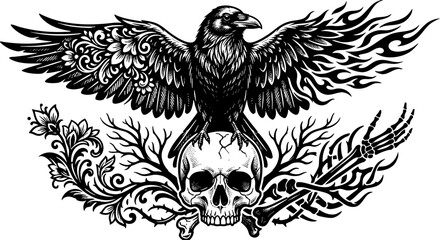 Obraz premium Gothic Raven Perched on Human Skull Illustration in Black and White