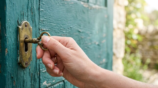 Person inserting an antique skeleton key into a vintage teal wooden door